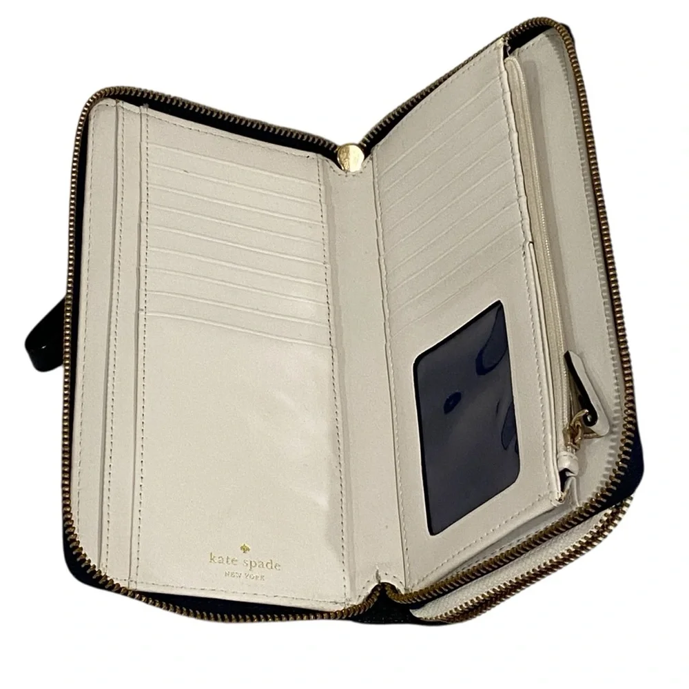 Kate Spade Navy Blue & White Large Double Zip Wallet - Very Good Condition